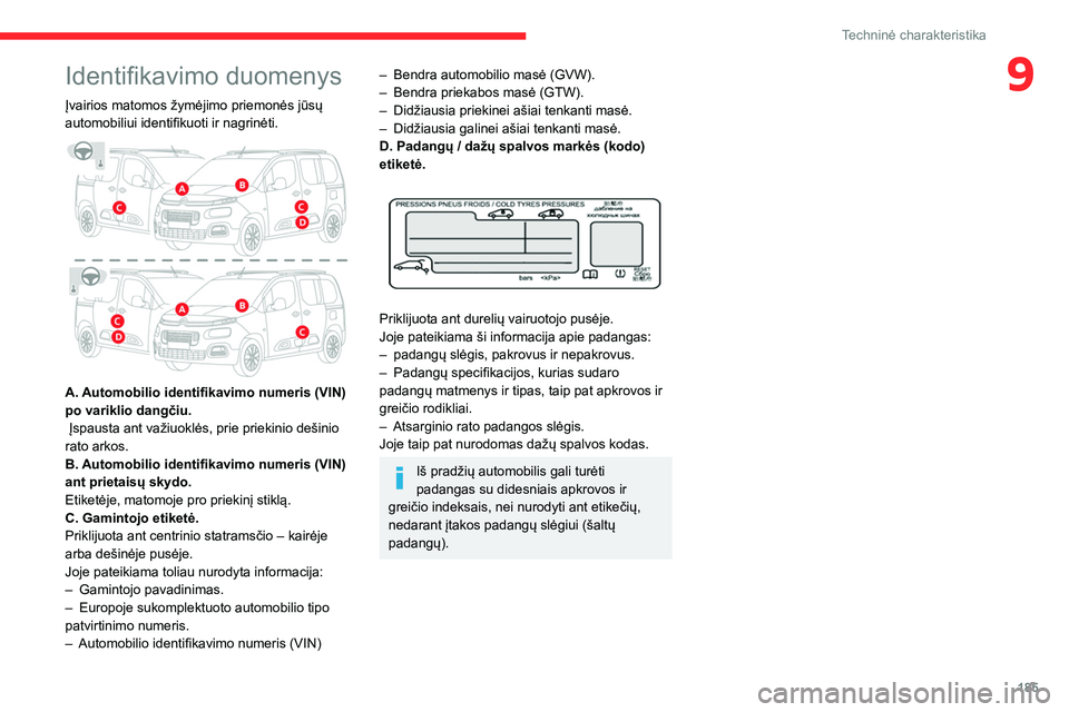 CITROEN BERLINGO VAN 2021 Eksploatavimo vadovas (in Lithuanian) 185
Techninė charakteristika
9Identifikavimo duomenys
Įvairios matomos žymėjimo priemonės jūsų
automobiliui identifikuoti ir nagrinėti.
A. Automobilio identifikavimo numeris (VIN)
po var CITROEN BERLINGO VAN 2021 Eksploatavimo vadovas (in Lithuanian) 185
Techninė charakteristika
9Identifikavimo duomenys
Įvairios matomos žymėjimo priemonės jūsų
automobiliui identifikuoti ir nagrinėti.
A. Automobilio identifikavimo numeris (VIN)
po var