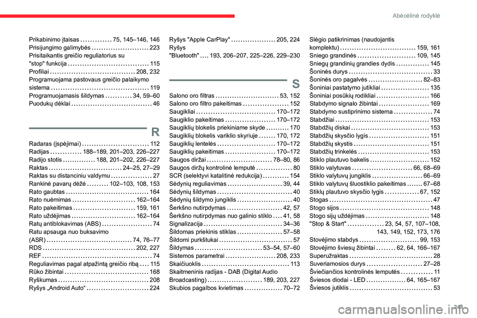 CITROEN BERLINGO VAN 2021 Eksploatavimo vadovas (in Lithuanian) 241
Abėcėlinė rodyklė
Prikabinimo įtaisas 75, 145–146, 146
Prisijungimo galimybės
223
Prisitaikantis greičio reguliatorius su
"stop" funkcija
11 5
Profiliai
208, CITROEN BERLINGO VAN 2021 Eksploatavimo vadovas (in Lithuanian) 241
Abėcėlinė rodyklė
Prikabinimo įtaisas 75, 145–146, 146
Prisijungimo galimybės
223
Prisitaikantis greičio reguliatorius su
"stop" funkcija
11 5
Profiliai
208,