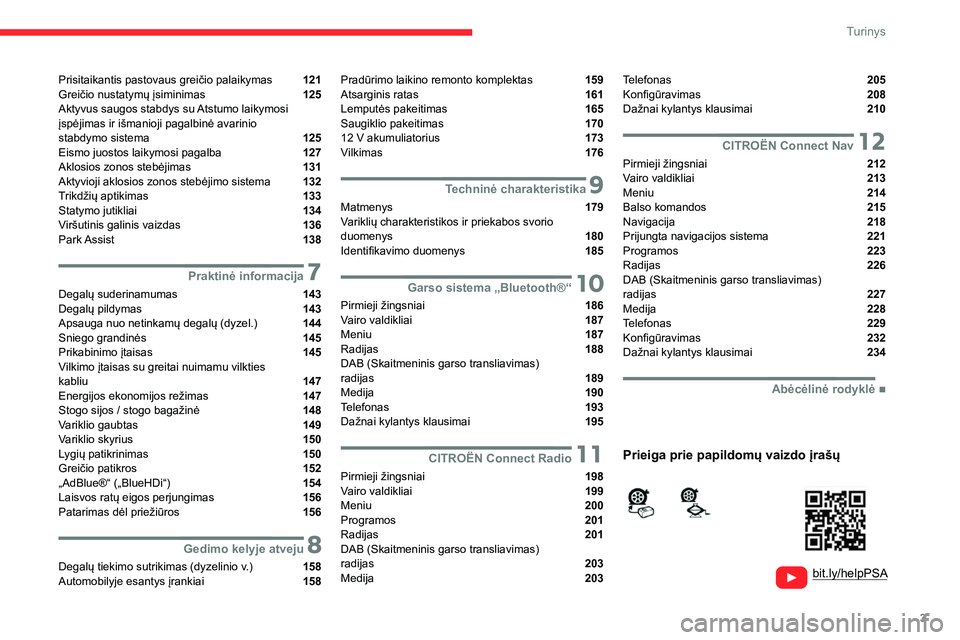 CITROEN BERLINGO VAN 2021  Eksploatavimo vadovas (in Lithuanian) 3
Turinys
  
  
bit.ly/helpPSA
 
 
 
Prisitaikantis pastovaus greičio palaikymas  121
Greičio nustatymų įsiminimas  125
Aktyvus saugos stabdys su Atstumo laikymosi 
įspėjimas ir išmanioji pagal