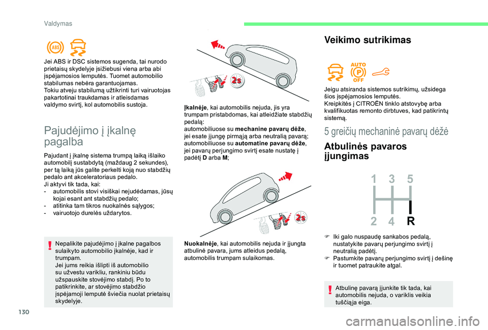 CITROEN BERLINGO VAN 2019 Eksploatavimo vadovas (in Lithuanian) 130
Pajudėjimo į įkalnę
pagalba
Pajudant į įkalnę sistema trumpą laiką išlaiko
automobilį sustabdytą (maždaug 2 sekundes),
per tą laiką jūs galite perkelti koją nuo stabdžių
pe CITROEN BERLINGO VAN 2019 Eksploatavimo vadovas (in Lithuanian) 130
Pajudėjimo į įkalnę
pagalba
Pajudant į įkalnę sistema trumpą laiką išlaiko
automobilį sustabdytą (maždaug 2 sekundes),
per tą laiką jūs galite perkelti koją nuo stabdžių
pe