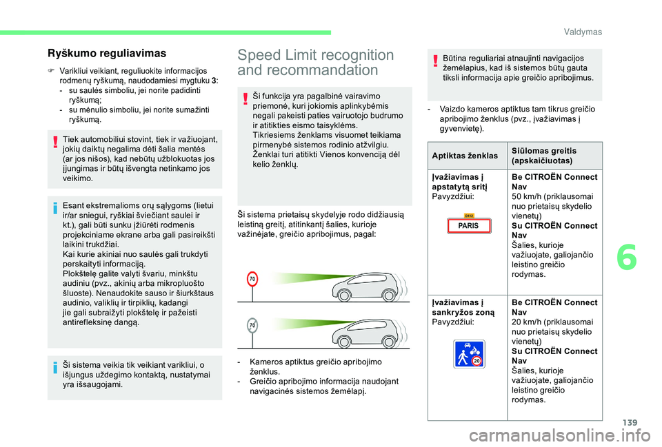 CITROEN BERLINGO VAN 2019 Eksploatavimo vadovas (in Lithuanian) 139
Speed Limit recognition
and recommandation
Ši funkcija yra pagalbinė vairavimo
priemonė, kuri jokiomis aplinkybėmis
negali pakeisti paties vairuotojo budrumo
ir atitikties eismo taisyklėm CITROEN BERLINGO VAN 2019 Eksploatavimo vadovas (in Lithuanian) 139
Speed Limit recognition
and recommandation
Ši funkcija yra pagalbinė vairavimo
priemonė, kuri jokiomis aplinkybėmis
negali pakeisti paties vairuotojo budrumo
ir atitikties eismo taisyklėm