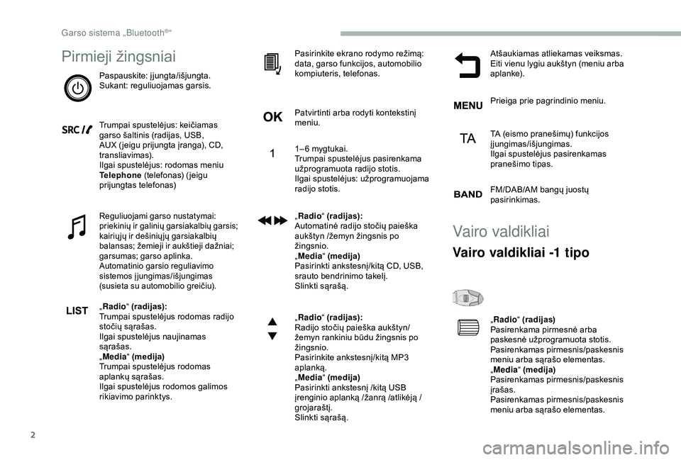 CITROEN BERLINGO VAN 2019  Eksploatavimo vadovas (in Lithuanian) 2
Pirmieji žingsniai
Paspauskite: įjungta/išjungta.
Sukant: reguliuojamas garsis.
Trumpai spustelėjus: keičiamas 
garso šaltinis (radijas, USB, 
AUX ( jeigu prijungta įranga), CD, 
transliavima