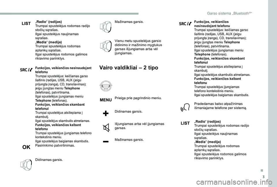 CITROEN BERLINGO VAN 2019 Eksploatavimo vadovas (in Lithuanian) 3
„Radio “ (radijas)
Trumpai spustelėjus rodomas radijo
stočių sąrašas.
Ilgai spustelėjus naujinamas
sąrašas.
„ Media “ (medija)
Trumpai spustelėjus rodomas
aplankų sąrašas.
Ilg CITROEN BERLINGO VAN 2019 Eksploatavimo vadovas (in Lithuanian) 3
„Radio “ (radijas)
Trumpai spustelėjus rodomas radijo
stočių sąrašas.
Ilgai spustelėjus naujinamas
sąrašas.
„ Media “ (medija)
Trumpai spustelėjus rodomas
aplankų sąrašas.
Ilg