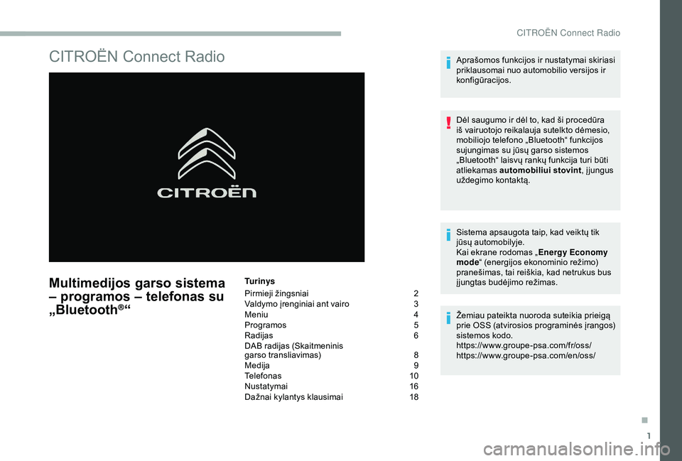 CITROEN BERLINGO VAN 2019 Eksploatavimo vadovas (in Lithuanian) 1
CITROËN Connect Radio
Multimedijos garso sistema
– programos – telefonas su
„Bluetooth
®“
Tu r i n y s
Pirmieji žingsniai
2
V
aldymo įrenginiai ant vairo
3
M
eniu
4
P
rogramos
CITROEN BERLINGO VAN 2019 Eksploatavimo vadovas (in Lithuanian) 1
CITROËN Connect Radio
Multimedijos garso sistema
– programos – telefonas su
„Bluetooth
®“
Tu r i n y s
Pirmieji žingsniai
2
V
aldymo įrenginiai ant vairo
3
M
eniu
4
P
rogramos