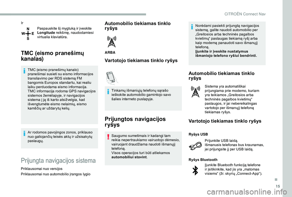CITROEN BERLINGO VAN 2019 Eksploatavimo vadovas (in Lithuanian) 15
IrPaspauskite šį mygtuką ir įveskite
Longitude reikšmę, naudodamiesi
virtualia klaviatūra.
TMC (eismo pranešimų
kanalas)
TMC (eismo pranešimų kanalo)
pranešimai susieti su eismo in CITROEN BERLINGO VAN 2019 Eksploatavimo vadovas (in Lithuanian) 15
IrPaspauskite šį mygtuką ir įveskite
Longitude reikšmę, naudodamiesi
virtualia klaviatūra.
TMC (eismo pranešimų
kanalas)
TMC (eismo pranešimų kanalo)
pranešimai susieti su eismo in