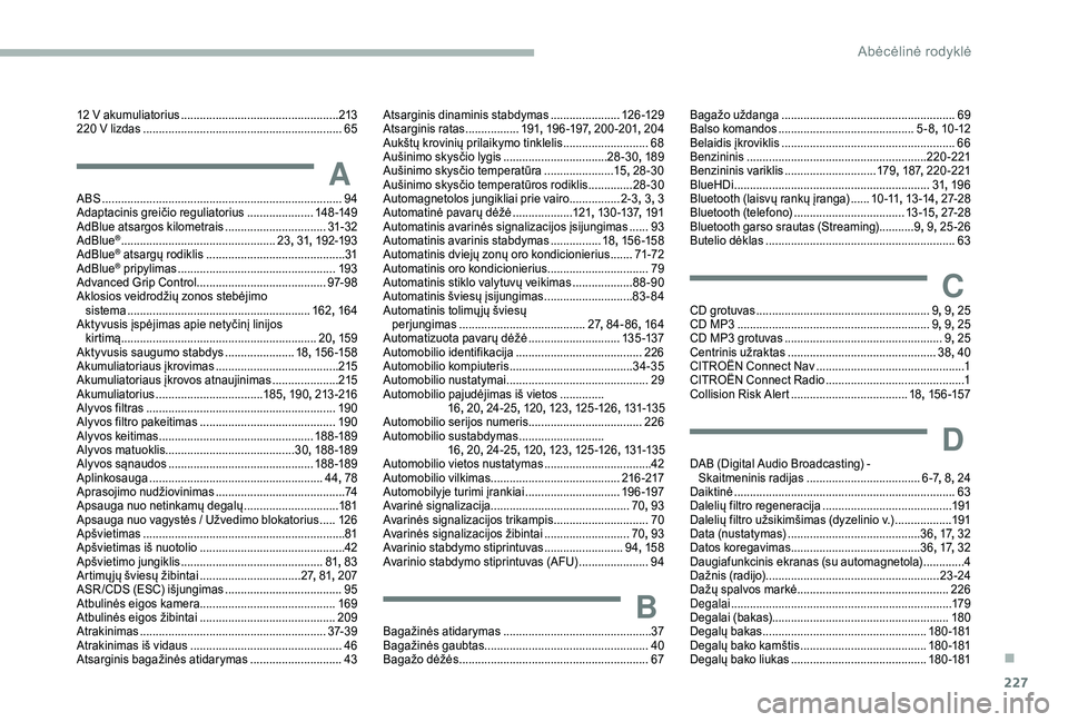 CITROEN BERLINGO VAN 2019 Eksploatavimo vadovas (in Lithuanian) 227
12 V akumuliatorius ..................................................2 13
220 V lizdas ............................................................... 65
AABS ................................... CITROEN BERLINGO VAN 2019 Eksploatavimo vadovas (in Lithuanian) 227
12 V akumuliatorius ..................................................2 13
220 V lizdas ............................................................... 65
AABS ...................................