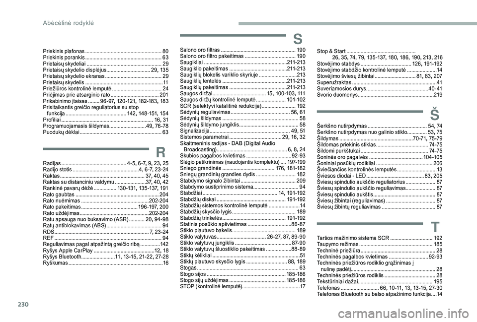 CITROEN BERLINGO VAN 2019  Eksploatavimo vadovas (in Lithuanian) 230
Priekinis plafonas ......................................................80
P riekinis porankis ...................................................... 63
P
rietaisų skydeliai
 ...................