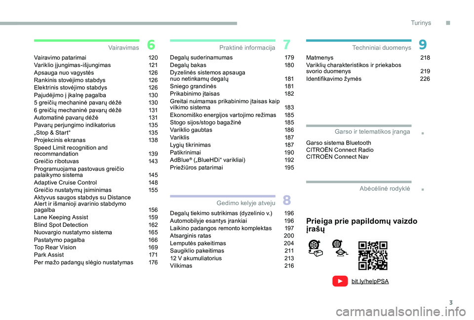 CITROEN BERLINGO VAN 2019  Eksploatavimo vadovas (in Lithuanian) 3
bit.ly/helpPSA
.
.
Vairavimo patarimai 120
Variklio įjungimas-išjungimas 1 21
Apsauga nuo vagystės
 
1
 26
Rankinis stovėjimo stabdys
 
1
 26
Elektrinis stovėjimo stabdys
 
1
 26
Pajudėjimo į