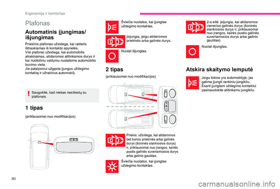 CITROEN BERLINGO VAN 2019 Eksploatavimo vadovas (in Lithuanian) 80
Plafonas
Automatinis įjungimas/
išjungimasAtskira skaitymo lemputė
Jeigu tokios yra automobilyje, jas
galima įjungti rankiniu jungikliu.
Esant į jungtam uždegimo kontaktui
pasinaudokite ati CITROEN BERLINGO VAN 2019 Eksploatavimo vadovas (in Lithuanian) 80
Plafonas
Automatinis įjungimas/
išjungimasAtskira skaitymo lemputė
Jeigu tokios yra automobilyje, jas
galima įjungti rankiniu jungikliu.
Esant į jungtam uždegimo kontaktui
pasinaudokite ati