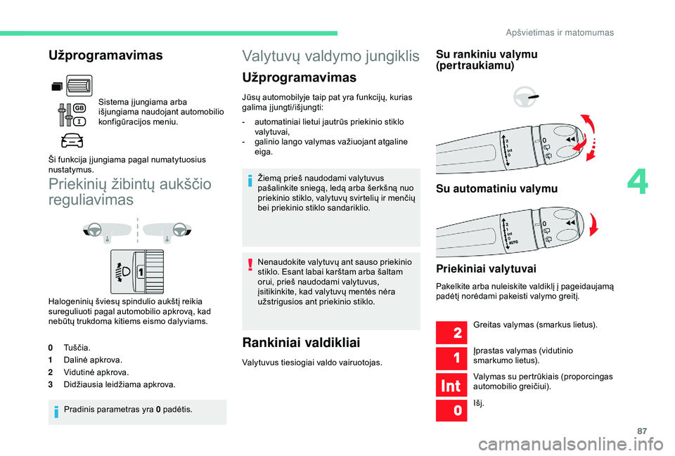 CITROEN BERLINGO VAN 2019 Eksploatavimo vadovas (in Lithuanian) 87
Priekinių žibintų aukščio
reguliavimas
Halogeninių šviesų spindulio aukštį reikia
sureguliuoti pagal automobilio apkrovą, kad
nebūtų trukdoma kitiems eismo dalyviams.
0 Tu š č i a CITROEN BERLINGO VAN 2019 Eksploatavimo vadovas (in Lithuanian) 87
Priekinių žibintų aukščio
reguliavimas
Halogeninių šviesų spindulio aukštį reikia
sureguliuoti pagal automobilio apkrovą, kad
nebūtų trukdoma kitiems eismo dalyviams.
0 Tu š č i a