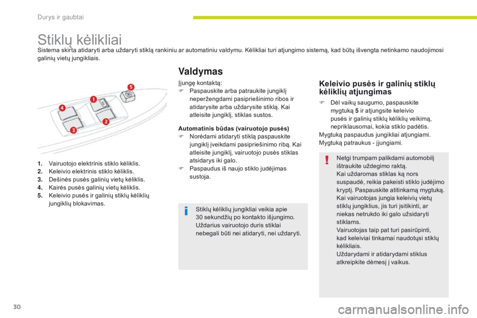 CITROEN C-ZERO 2017  Eksploatavimo vadovas (in Lithuanian) 30
C-Zero_lt_Chap02_ouvertures_ed01-2016
1. Vairuotojo elektrinis stiklo kėliklis.
2. Keleivio elektrinis stiklo kėliklis.
3.
 D

ešinės pusės galinių vietų kėliklis.
4.
 K

airės pusės gali