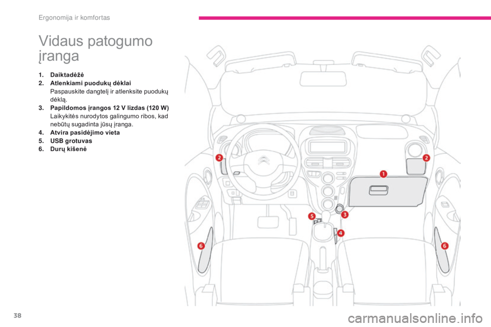 CITROEN C-ZERO 2017  Eksploatavimo vadovas (in Lithuanian) 38
C-Zero_lt_Chap03_ergonomie-et-confort_ed01-2016
Vidaus patogumo 
įranga
1. Daiktadėžė
2. Atlenkiami puodukų dėklai  
 P

aspauskite dangtelį ir atlenksite puodukų 
dėklą.
3.
 P

apildomos