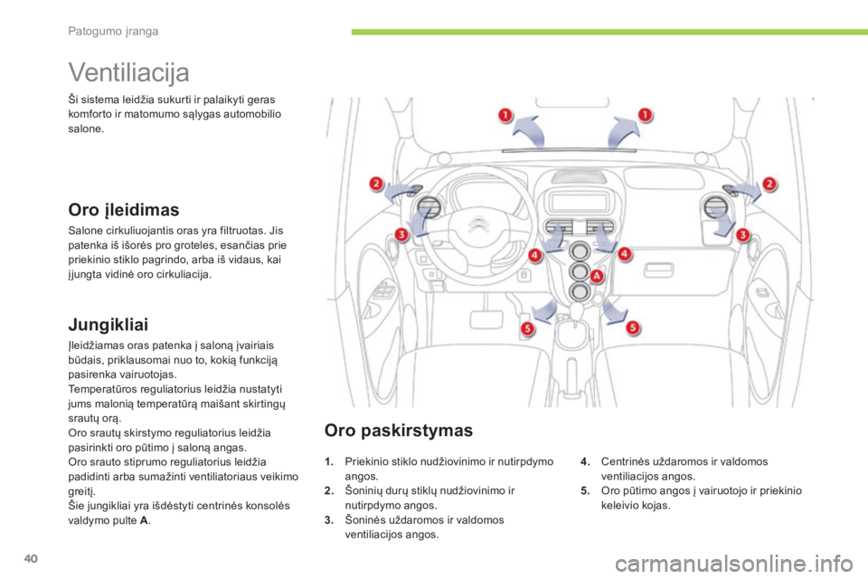 CITROEN C-ZERO 2016 Eksploatavimo vadovas (in Lithuanian) 40
C-zero_lt_Chap03_confort_ed01-2014
Ventiliacija
Oro įleidimas
Salone cirkuliuojantis oras yra filtruotas. Jis
patenka iš išorės pro groteles, esančias prie
priekinio stiklo pagrindo, arba i CITROEN C-ZERO 2016 Eksploatavimo vadovas (in Lithuanian) 40
C-zero_lt_Chap03_confort_ed01-2014
Ventiliacija
Oro įleidimas
Salone cirkuliuojantis oras yra filtruotas. Jis
patenka iš išorės pro groteles, esančias prie
priekinio stiklo pagrindo, arba i