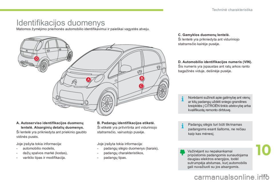 CITROEN C-ZERO 2011  Eksploatavimo vadovas (in Lithuanian) 10
i
i
Techninė charakteristika
123
   
 
 
 
 
 
 
 
 
 
 
 
 
 
Identiﬁ kacijos duomenys  
Matomos žymėjimo priemonės automobilio identifikavimui ir paieškai vagystės atveju. 
A.  Autoser vi
