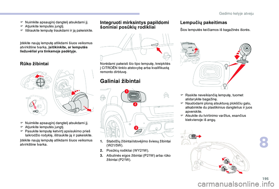 CITROEN C3 AIRCROSS 2019 Eksploatavimo vadovas (in Lithuanian) 195
Integruoti mirksintys papildomi
šoniniai posūkių rodikliai
Norėdami pakeisti šio tipo lemputę, kreipkitės
į CITROËN tinklo atstovybę arba kvalifikuotą
remonto dirbtuvę.
Galiniai ži CITROEN C3 AIRCROSS 2019 Eksploatavimo vadovas (in Lithuanian) 195
Integruoti mirksintys papildomi
šoniniai posūkių rodikliai
Norėdami pakeisti šio tipo lemputę, kreipkitės
į CITROËN tinklo atstovybę arba kvalifikuotą
remonto dirbtuvę.
Galiniai ži