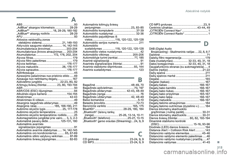 CITROEN C3 AIRCROSS 2019 Eksploatavimo vadovas (in Lithuanian) 213
AABS .................................................................93
„AdBlue“ atsargos kilometrais .................. 2
8-29
„ AdBlue
®“ ............................. 18, 28-29, 18 0 CITROEN C3 AIRCROSS 2019 Eksploatavimo vadovas (in Lithuanian) 213
AABS .................................................................93
„AdBlue“ atsargos kilometrais .................. 2
8-29
„ AdBlue
®“ ............................. 18, 28-29, 18 0