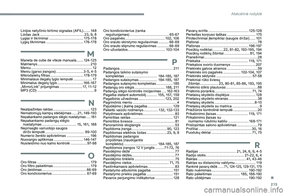CITROEN C3 AIRCROSS 2019 Eksploatavimo vadovas (in Lithuanian) 215
Linijos netyčinio kirtimo signalas (AFIL) .......14 8
Lizdas Jack .............................. ...............23, 9, 8
Lygiai ir tikrinimai
................................... 17
5 -178
Lygi CITROEN C3 AIRCROSS 2019 Eksploatavimo vadovas (in Lithuanian) 215
Linijos netyčinio kirtimo signalas (AFIL) .......14 8
Lizdas Jack .............................. ...............23, 9, 8
Lygiai ir tikrinimai
................................... 17
5 -178
Lygi
