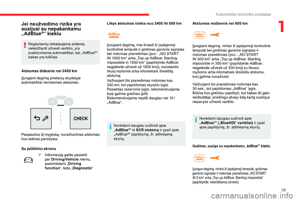 CITROEN C3 AIRCROSS 2019 Eksploatavimo vadovas (in Lithuanian) 29
CHECK
F Informaciją galite pasiekti per Driving/Vehicle meniu,
pasirinkdami „ Driving
function “, tada „Diagnostic “Važiuojant šis pranešimas rodomas kas
300
km, kol papildomas sk CITROEN C3 AIRCROSS 2019 Eksploatavimo vadovas (in Lithuanian) 29
CHECK
F Informaciją galite pasiekti per Driving/Vehicle meniu,
pasirinkdami „ Driving
function “, tada „Diagnostic “Važiuojant šis pranešimas rodomas kas
300
km, kol papildomas sk