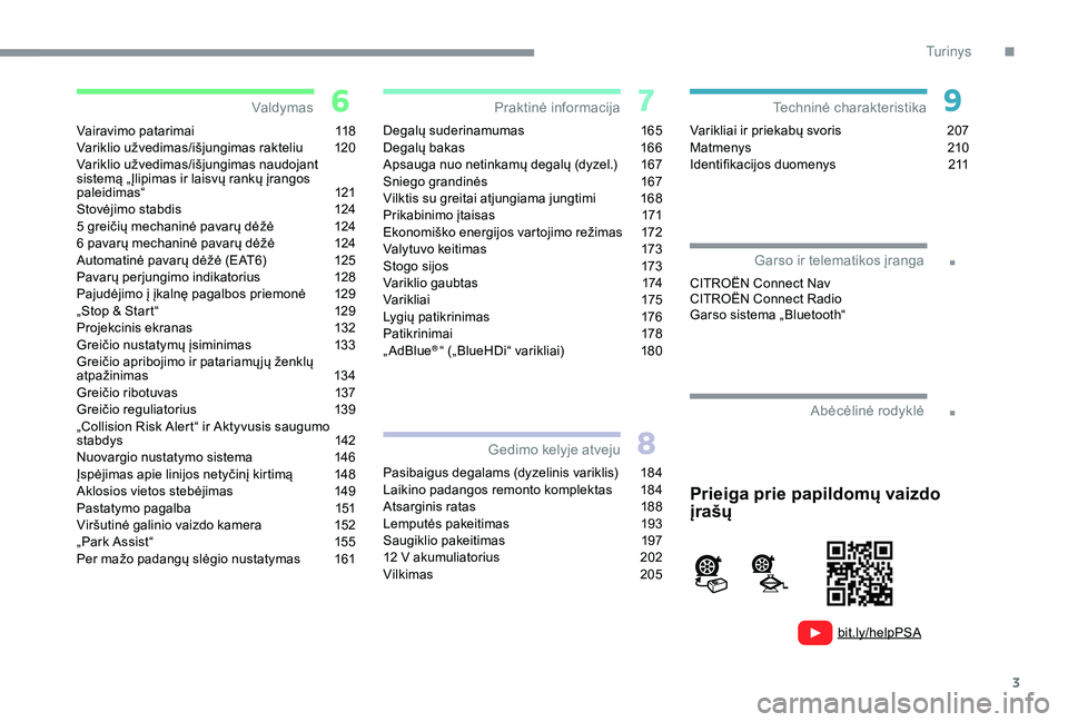 CITROEN C3 AIRCROSS 2019  Eksploatavimo vadovas (in Lithuanian) 3
.
.
bit.ly/helpPSA
Vairavimo patarimai 118
Variklio užvedimas/išjungimas rakteliu 1 20
Variklio užvedimas/išjungimas naudojant 
sistemą „Įlipimas ir laisvų rankų įrangos 
paleidimas“
 1