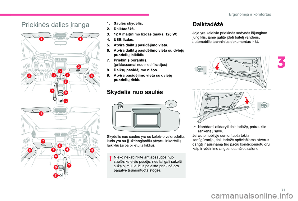 CITROEN C3 AIRCROSS 2019 Eksploatavimo vadovas (in Lithuanian) 71
Priekinės dalies įranga1.Saulės skydelis.
2. Daiktadėžė.
3. 12
V maitinimo lizdas (maks. 120 W)
4. USB lizdas.
5. Atvira daiktų pasidėjimo vieta.
6. Atvira daiktų pasidėjimo vieta su CITROEN C3 AIRCROSS 2019 Eksploatavimo vadovas (in Lithuanian) 71
Priekinės dalies įranga1.Saulės skydelis.
2. Daiktadėžė.
3. 12
V maitinimo lizdas (maks. 120 W)
4. USB lizdas.
5. Atvira daiktų pasidėjimo vieta.
6. Atvira daiktų pasidėjimo vieta su