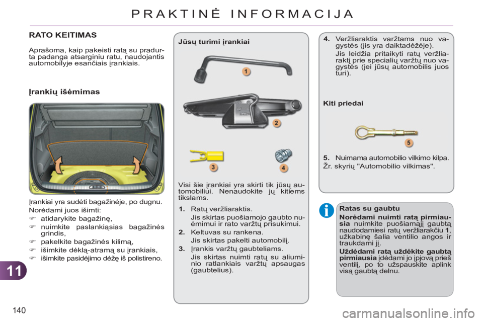 CITROEN C3 PICASSO 2012  Eksploatavimo vadovas (in Lithuanian) 11
140
PRAKTINĖ INFORMACIJA
RATO KEITIMAS 
  Įrankiai yra sudėti bagažinėje, po dugnu. 
  Norėdami juos išimti: 
   
 
�) 
 atidarykite bagažinę, 
   
�) 
 nuimkite  paslankiąsias bagažinė