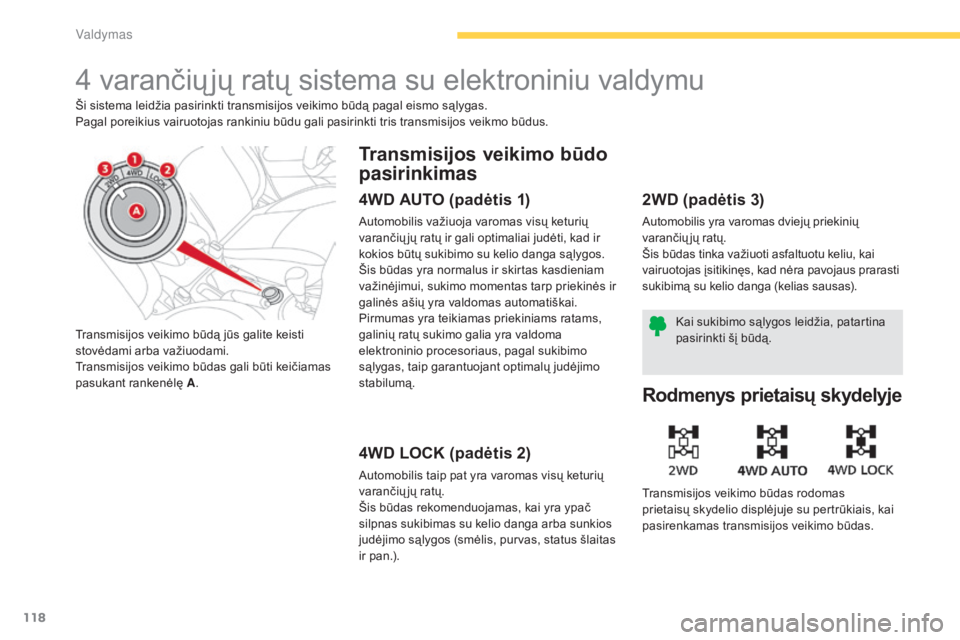 CITROEN C4 AIRCROSS 2016  Eksploatavimo vadovas (in Lithuanian) 118
C4-Aircross_lt_Chap04_conduite_ed01-2014
4 varančių jų ratų sistema su elektroniniu valdymu
Ši sistema leidžia pasirinkti transmisijos veikimo būdą pagal eismo sąlygas.
Pagal poreikius va