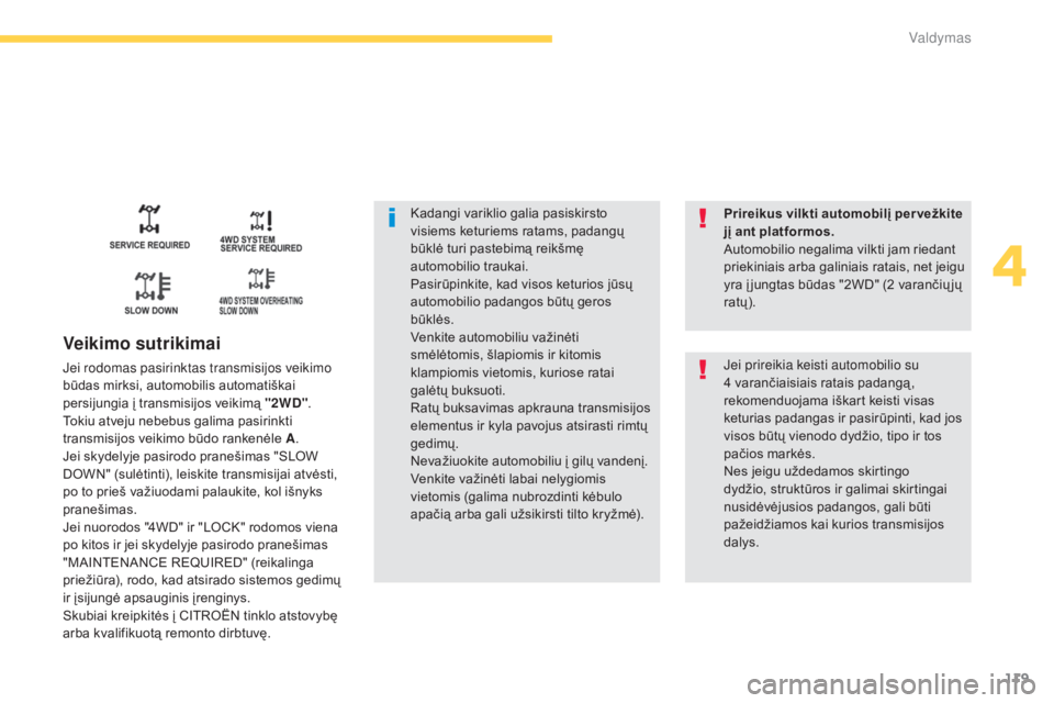 CITROEN C4 AIRCROSS 2016  Eksploatavimo vadovas (in Lithuanian) 119
C4-Aircross_lt_Chap04_conduite_ed01-2014
Kadangi variklio galia pasiskirsto 
visiems keturiems ratams, padangų 
būklė turi pastebimą reikšmę 
automobilio traukai.
Pasirūpinkite, kad visos k