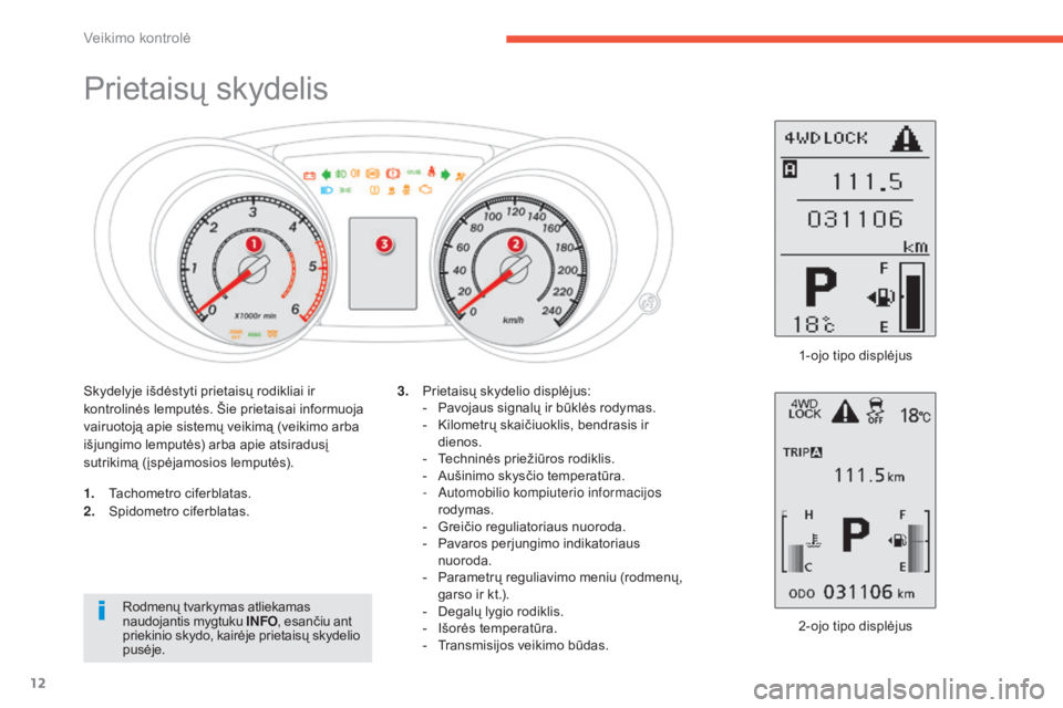 CITROEN C4 AIRCROSS 2016  Eksploatavimo vadovas (in Lithuanian) 12
Prietaisų skydelis
1. Tachometro ciferblatas.
2. Spidometro ciferblatas.
2-ojo tipo displėjus
3.
 P

rietaisų skydelio displėjus:
-  
P
 avojaus signalų ir būklės rodymas.
-  
K
 ilometrų s