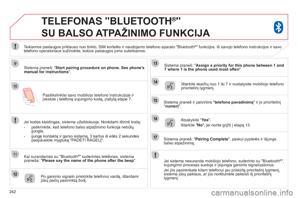 CITROEN C4 AIRCROSS 2016  Eksploatavimo vadovas (in Lithuanian) 242
p
asitikslinkite savo mobiliojo telefono instrukcijoje ir 
įveskite į telefoną sujungimo kodą, įrašytą etape 7.
TELEFONAS "BLUETOOTH®"  
SU

 
BALSO
 
A

TPAŽINIMO
 
FUNKCIJA
Sist