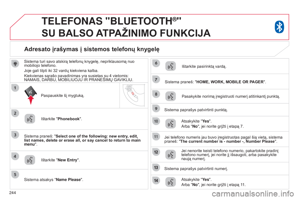 CITROEN C4 AIRCROSS 2016 Eksploatavimo vadovas (in Lithuanian) 244
TELEFONAS "BLUETOOTH®"
SU
BALSO
A
TPAŽINIMO
FUNKCIJA
Sistema turi savo atskirą telefonų knygelę, nepriklausomą nuo
mobiliojo telefono.
Joje gali tilpti iki 32
vardų kie CITROEN C4 AIRCROSS 2016 Eksploatavimo vadovas (in Lithuanian) 244
TELEFONAS "BLUETOOTH®"
SU
BALSO
A
TPAŽINIMO
FUNKCIJA
Sistema turi savo atskirą telefonų knygelę, nepriklausomą nuo
mobiliojo telefono.
Joje gali tilpti iki 32
vardų kie