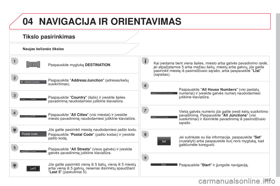 CITROEN C4 AIRCROSS 2016 Eksploatavimo vadovas (in Lithuanian) 04
267
C4-Aircross_lt_Chap10b_Mitsu6_ed01-2014
Paspauskite mygtuką DESTINATION.
Naujas kelionės tikslas
Tikslo pasirinkimas
paspauskite "
Address/Junction " (adresas/kelių
susikirtimas).
p CITROEN C4 AIRCROSS 2016 Eksploatavimo vadovas (in Lithuanian) 04
267
C4-Aircross_lt_Chap10b_Mitsu6_ed01-2014
Paspauskite mygtuką DESTINATION.
Naujas kelionės tikslas
Tikslo pasirinkimas
paspauskite "
Address/Junction " (adresas/kelių
susikirtimas).
p