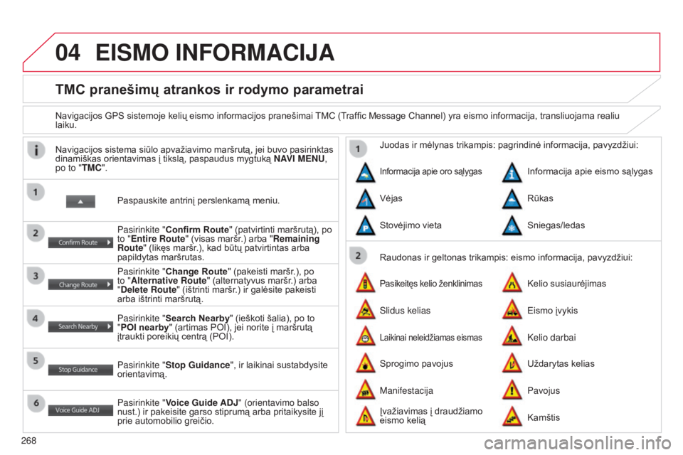 CITROEN C4 AIRCROSS 2016 Eksploatavimo vadovas (in Lithuanian) 04
268
C4-Aircross_lt_Chap10b_Mitsu6_ed01-2014
TMC pranešimų atrankos ir rodymo parametrai
Navigacijos GPS sistemoje kelių eismo informacijos pranešimai TMC (Traffic Message Channel) yra eismo inf CITROEN C4 AIRCROSS 2016 Eksploatavimo vadovas (in Lithuanian) 04
268
C4-Aircross_lt_Chap10b_Mitsu6_ed01-2014
TMC pranešimų atrankos ir rodymo parametrai
Navigacijos GPS sistemoje kelių eismo informacijos pranešimai TMC (Traffic Message Channel) yra eismo inf
