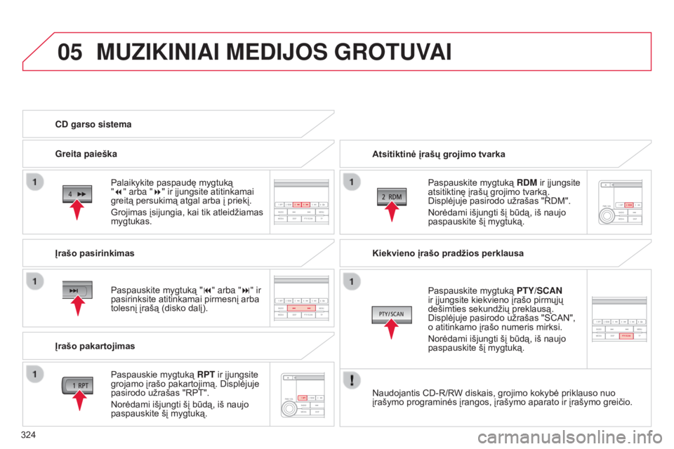 CITROEN C4 AIRCROSS 2016  Eksploatavimo vadovas (in Lithuanian) 05
324
C4-Aircross_lt_Chap10d_Mitsu4_ed01-2014
MUZIKINIAI MEDIJOS GROTUVAI
Atsitiktinė įrašų grojimo tvarkaPaspauskite mygtuką  RDM ir įjungsite 
atsitiktinę įrašų grojimo tvarką. 
Displėj