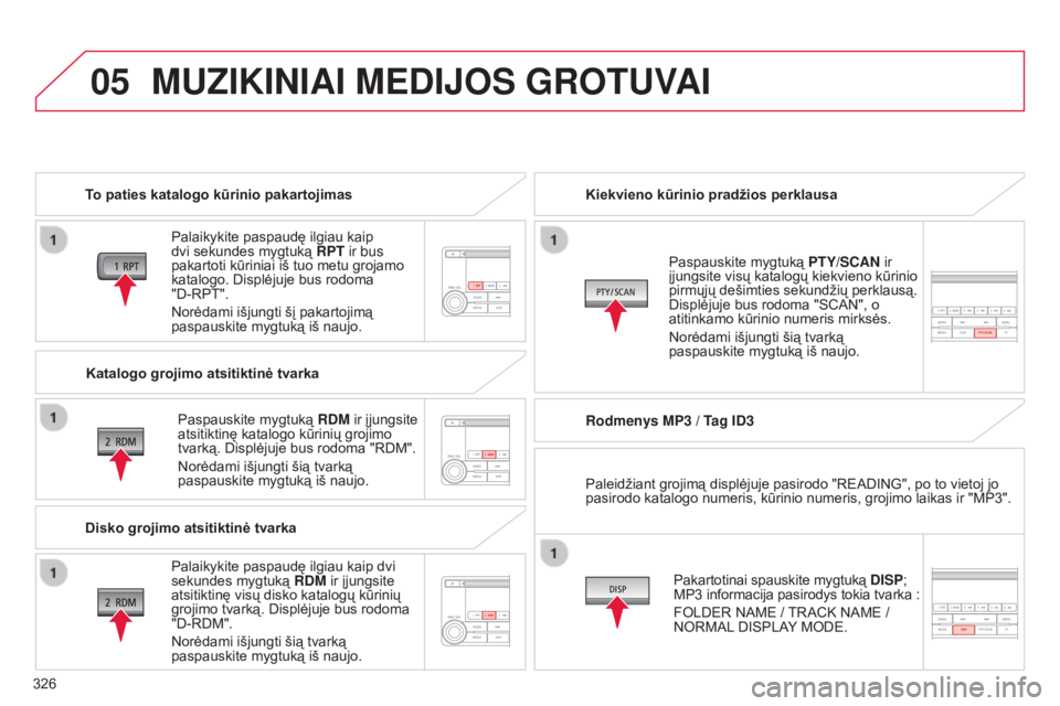 CITROEN C4 AIRCROSS 2016  Eksploatavimo vadovas (in Lithuanian) 05
326
C4-Aircross_lt_Chap10d_Mitsu4_ed01-2014
MUZIKINIAI MEDIJOS GROTUVAI
To paties katalogo kūrinio pakartojimasPalaikykite paspaudę ilgiau kaip 
dvi sekundes mygtuką  RPT ir bus 
pakartoti kūri
