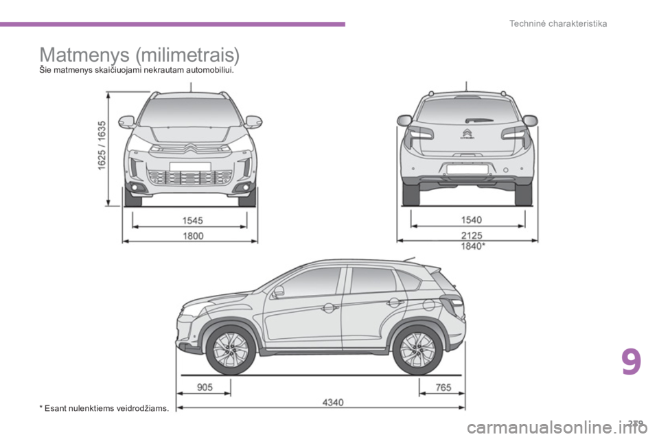 CITROEN C4 AIRCROSS 2014 Eksploatavimo vadovas (in Lithuanian) 9
239
Te c h n i nė charakteristika
Matmenys (milimetrais)
Šie matmenys skaičiuojami nekrautam automobiliui.
* Esant nulenktiems veidrodžiams. CITROEN C4 AIRCROSS 2014 Eksploatavimo vadovas (in Lithuanian) 9
239
Te c h n i nė charakteristika
Matmenys (milimetrais)
Šie matmenys skaičiuojami nekrautam automobiliui.
* Esant nulenktiems veidrodžiams.
