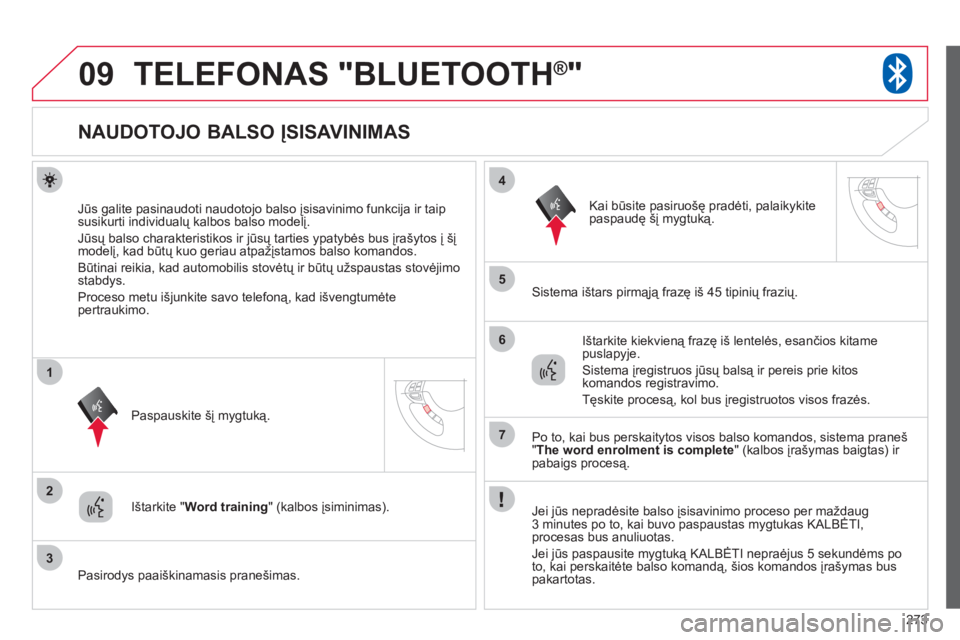 CITROEN C4 AIRCROSS 2013 Eksploatavimo vadovas (in Lithuanian) 273
09
2
3
1
4
5
6
7
TELEFONAS "BLUETOOTH®"
NAUDOTOJO BALSO ĮSISAVINIMAS
Jūs galite pasinaudoti naudotojo balso įsisavinimo funkcija ir taip
susikurti individualų CITROEN C4 AIRCROSS 2013 Eksploatavimo vadovas (in Lithuanian) 273
09
2
3
1
4
5
6
7
TELEFONAS "BLUETOOTH®"
NAUDOTOJO BALSO ĮSISAVINIMAS
Jūs galite pasinaudoti naudotojo balso įsisavinimo funkcija ir taip
susikurti individualų