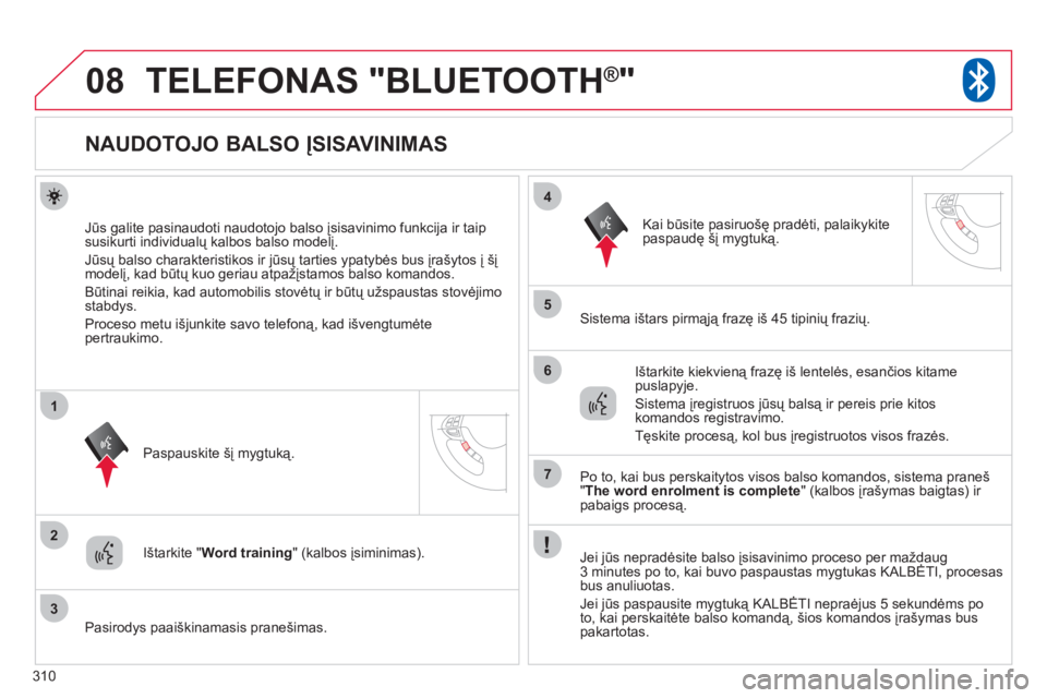 CITROEN C4 AIRCROSS 2013 Eksploatavimo vadovas (in Lithuanian) 310
08
2
3
1
4
5
6
7
TELEFONAS "BLUETOOTH®"
NAUDOTOJO BALSO ĮSISAVINIMAS
Jūs galite pasinaudoti naudotojo balso įsisavinimo funkcija ir taip
susikurti indi CITROEN C4 AIRCROSS 2013 Eksploatavimo vadovas (in Lithuanian) 310
08
2
3
1
4
5
6
7
TELEFONAS "BLUETOOTH®"
NAUDOTOJO BALSO ĮSISAVINIMAS
Jūs galite pasinaudoti naudotojo balso įsisavinimo funkcija ir taip
susikurti indi