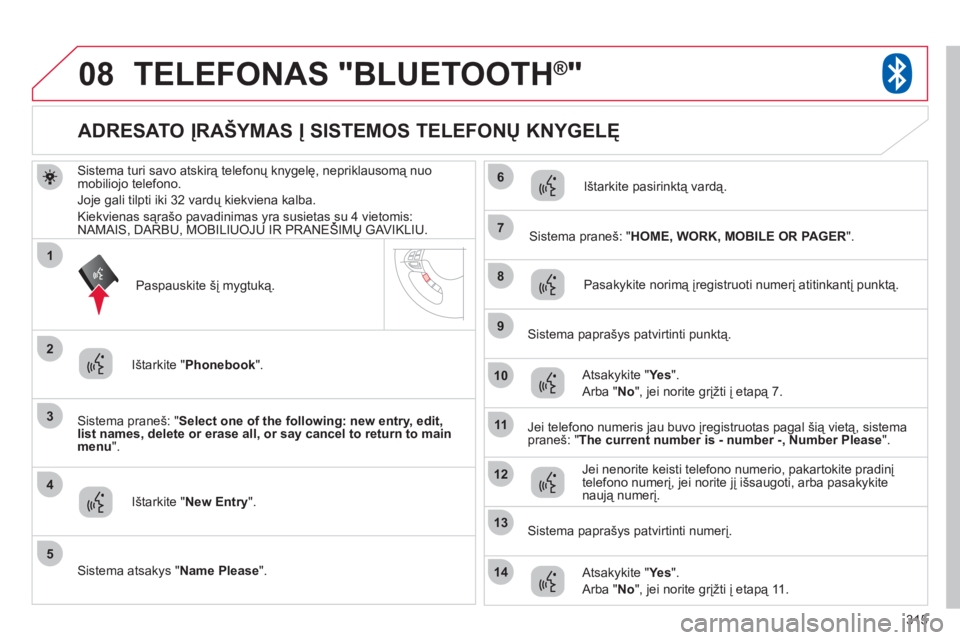 CITROEN C4 AIRCROSS 2013 Eksploatavimo vadovas (in Lithuanian) 315
08
3
4
7
8
9
10
11
1
2
5
6
12
14
13
TELEFONAS "BLUETOOTH®"
Sistema turi savo atskirą telefonų knygelę, nepriklausomą nuo mobiliojo telefono.
Jo
je gali tilpti iki 32 vardų kiekviena kalba. CITROEN C4 AIRCROSS 2013 Eksploatavimo vadovas (in Lithuanian) 315
08
3
4
7
8
9
10
11
1
2
5
6
12
14
13
TELEFONAS "BLUETOOTH®"
Sistema turi savo atskirą telefonų knygelę, nepriklausomą nuo mobiliojo telefono.
Jo
je gali tilpti iki 32 vardų kiekviena kalba.