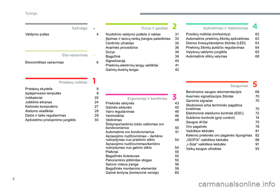 CITROEN C4 CACTUS 2019  Eksploatavimo vadovas (in Lithuanian) 2
.
.
Prietaisų skydelis 8
Į spėjamosios lemputės 9
I
ndikatoriai
 2
 0
Jutiklinis ekranas
 
2
 4
Kelionės kompiuteris
 
2
 7
Atstumo skaitikliai
 2

8
Datos ir laiko reguliavimas
 
2
 9
Apšviet