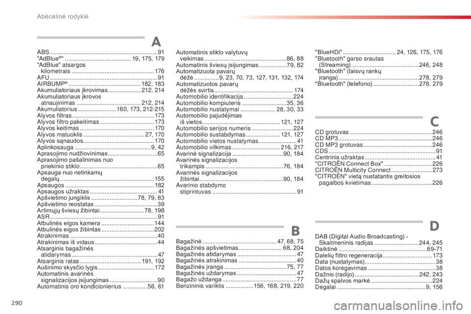 CITROEN C4 CACTUS 2018 Eksploatavimo vadovas (in Lithuanian) 290
C4-cactus_lt_Chap11_index-alpha_ed01-2016
ABS .................................................................91
" AdBlue®" ........................................ 19 , 175, 179
"Ad CITROEN C4 CACTUS 2018 Eksploatavimo vadovas (in Lithuanian) 290
C4-cactus_lt_Chap11_index-alpha_ed01-2016
ABS .................................................................91
" AdBlue®" ........................................ 19 , 175, 179
"Ad
