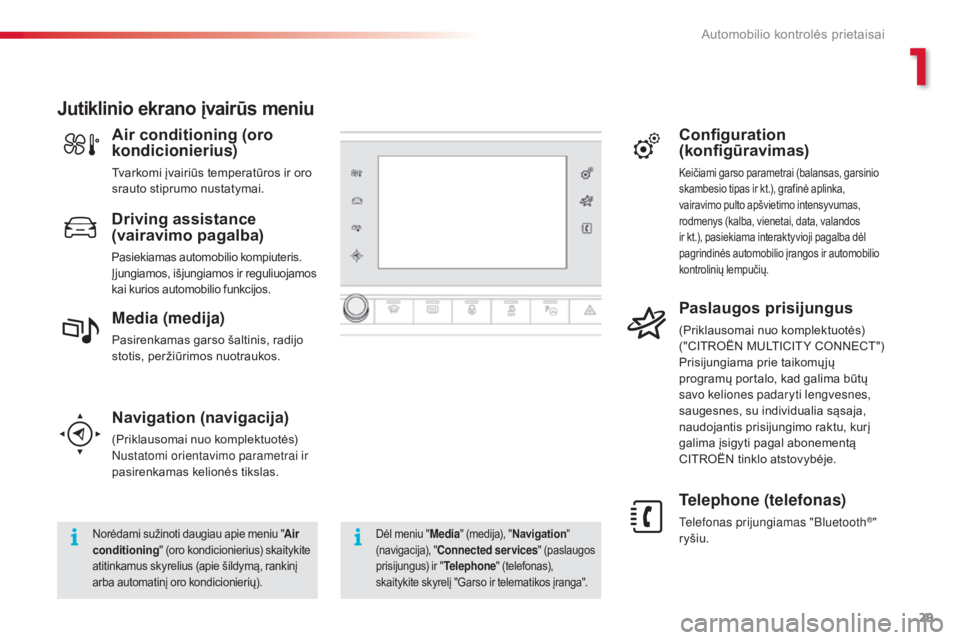 CITROEN C4 CACTUS 2018  Eksploatavimo vadovas (in Lithuanian) 29
C4 - cactus_lt _Chap01_instruments- de-bord_ed01-2016
Navigation (navigacija)
(Priklausomai nuo komplektuotės)nust
atomi orientavimo parametrai ir 
pasirenkamas kelionės tikslas.
Telephone (telef