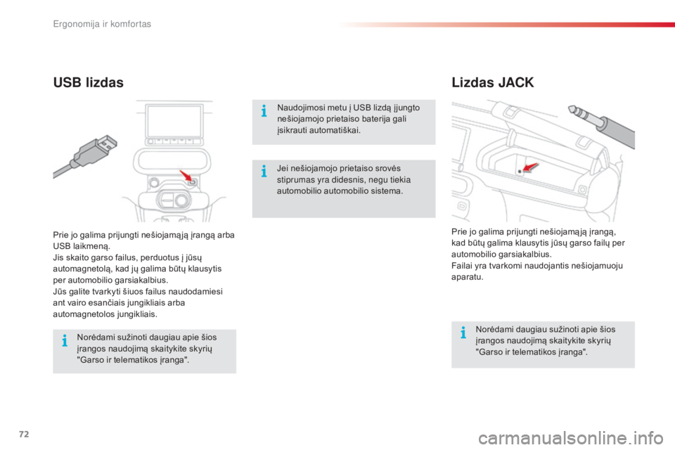 CITROEN C4 CACTUS 2018  Eksploatavimo vadovas (in Lithuanian) 72
C4-cactus_lt_Chap03_Ergonomie-et-confort_ed01-2016
Lizdas JACK
USB lizdas
Naudojimosi metu į USB lizdą į jungto 
nešiojamojo prietaiso baterija gali 
įsikrauti automatiškai.
Norėdami daugiau