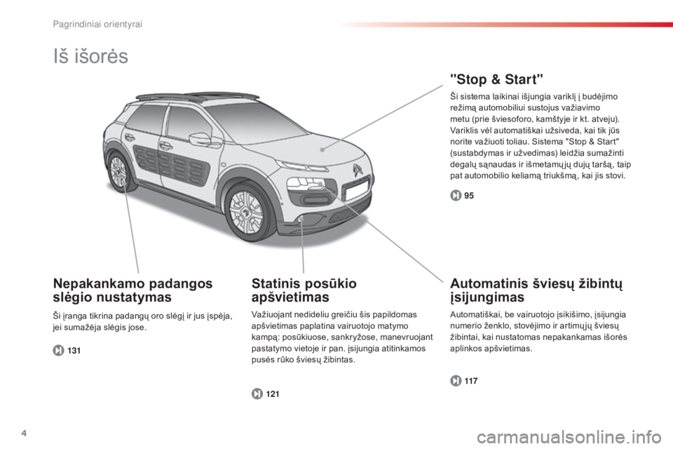 CITROEN C4 CACTUS 2014  Eksploatavimo vadovas (in Lithuanian) 4
E3_lt_Chap00b_prise-en-main_ed01-2014
Iš išorės
Automatinis šviesų žibintų 
įsijungimas
117
Statinis posūkio 
apšvietimas"Stop & Start"
121 95
131
Nepakankamo padangos 
slėgio nus