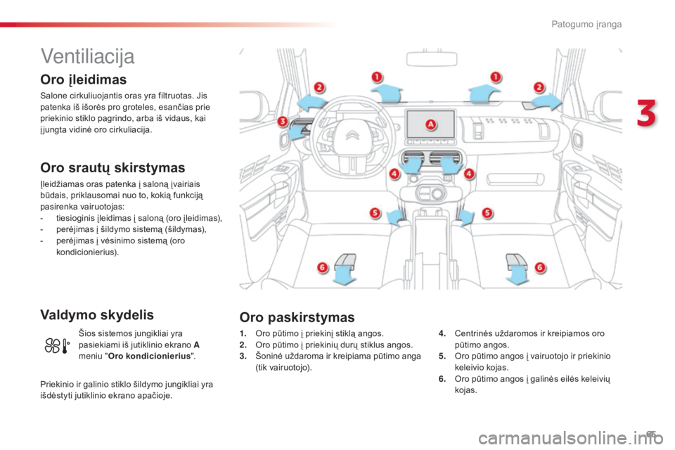 CITROEN C4 CACTUS 2014 Eksploatavimo vadovas (in Lithuanian) 65
E3_lt_Chap03_confort_ed01-2014
Ventiliacija
Oro įleidimas
Salone cirkuliuojantis oras yra filtruotas. Jis
patenka iš išorės pro groteles, esančias prie
priekinio stiklo pagrindo, arba iš vi CITROEN C4 CACTUS 2014 Eksploatavimo vadovas (in Lithuanian) 65
E3_lt_Chap03_confort_ed01-2014
Ventiliacija
Oro įleidimas
Salone cirkuliuojantis oras yra filtruotas. Jis
patenka iš išorės pro groteles, esančias prie
priekinio stiklo pagrindo, arba iš vi