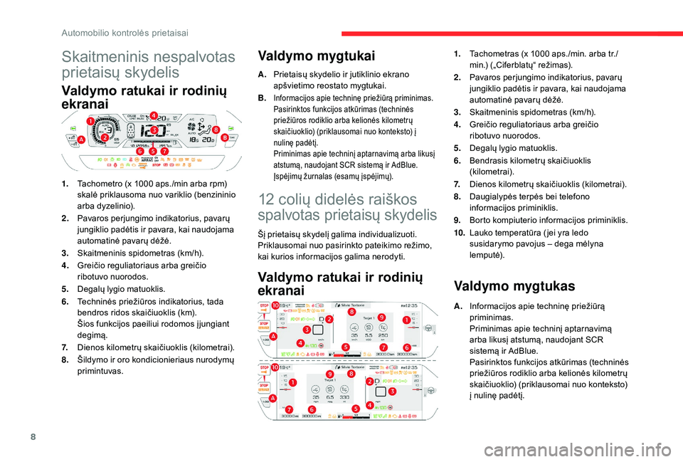 CITROEN C4 SPACETOURER 2021  Eksploatavimo vadovas (in Lithuanian) 8
Skaitmeninis nespalvotas 
prietaisų skydelis
Valdymo ratukai ir rodinių 
ekranai
1.Tachometro (x 1000   aps./min arba rpm) 
skalė priklausoma nuo variklio (benzininio 
arba dyzelinio).
2. Pavaros