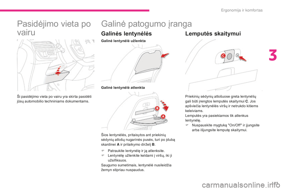 CITROEN C4 SPACETOURER 2018  Eksploatavimo vadovas (in Lithuanian) 113
C4-Picasso-II_lt_Chap03_ergonomie-confort_ed02-2016
Pasidėjimo vieta po 
vairu
Ši pasidėjimo vieta po vairu yra skirta pasidėti 
jūsų automobilio techniniams dokumentams.
Galinė patogumo į