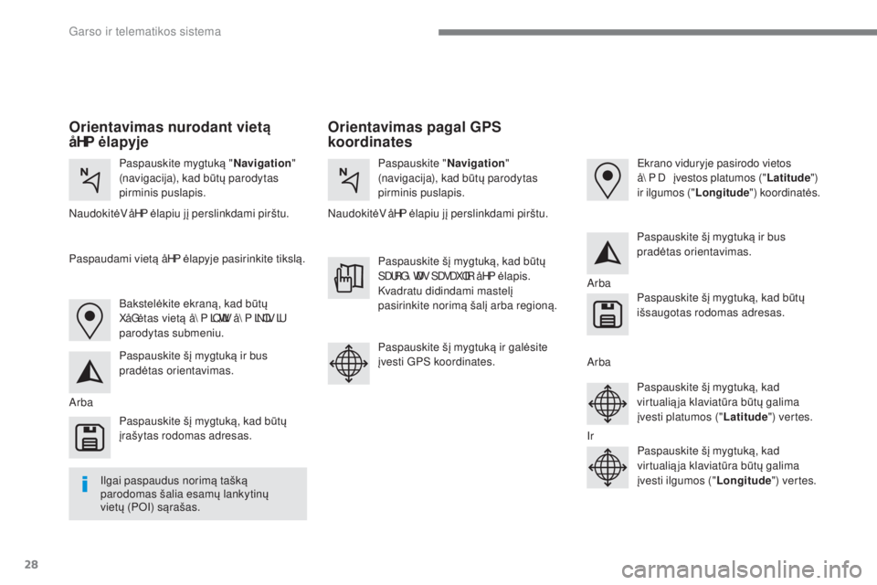 CITROEN C4 SPACETOURER 2018  Eksploatavimo vadovas (in Lithuanian) 28
 
Garso ir telematikos sistema 
        Orientavimas pagal  GPS 
 
koordinates    
   
Orientavimas nurodant viet
ą 
å HP ėlapyje   
  
Paspauskite mygtuk ą " Navigation  " 
(navigacija), kad b