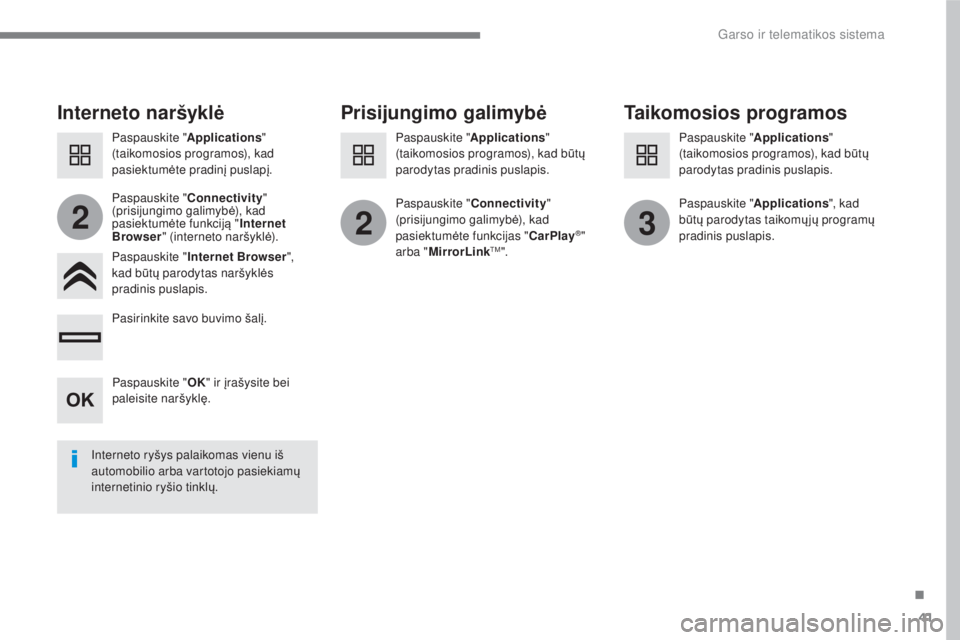 CITROEN C4 SPACETOURER 2018  Eksploatavimo vadovas (in Lithuanian) 41
.
223
 
Garso ir telematikos sistema 
      
Interneto naršyklė   
Prisijungimo galimyb ė   
Taikomosios programos 
  
Paspauskite "  Internet Browser  
", 
kad b ūtų parodytas naršykl ės 
p