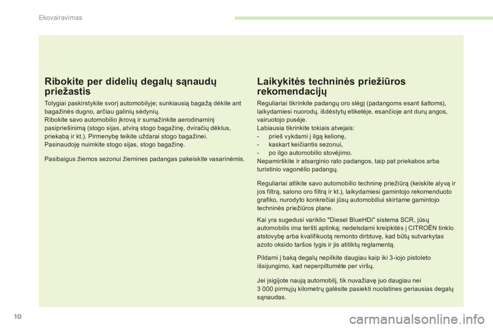 CITROEN C4 SPACETOURER 2016 Eksploatavimo vadovas (in Lithuanian) 10
C4-Picasso-II_lt_Chap00c_eco-conduite_ed01-2016
Ribokite per didelių degalų sąnaudų
priežastis
Tolygiai paskirstykite svorį automobilyje; sunkiausią bagažą dėkite ant
bagažinės dugno, CITROEN C4 SPACETOURER 2016 Eksploatavimo vadovas (in Lithuanian) 10
C4-Picasso-II_lt_Chap00c_eco-conduite_ed01-2016
Ribokite per didelių degalų sąnaudų
priežastis
Tolygiai paskirstykite svorį automobilyje; sunkiausią bagažą dėkite ant
bagažinės dugno,