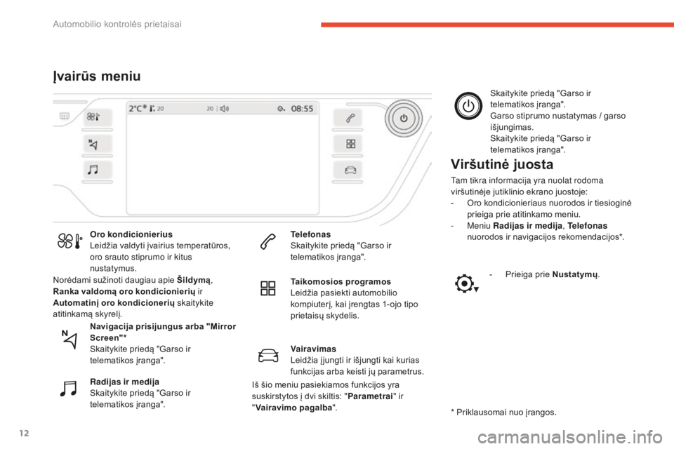 CITROEN C4 SPACETOURER 2016 Eksploatavimo vadovas (in Lithuanian) 12
C4-Picasso-II_lt_Chap01_instruments-bord_ed01-2016
Įvairūs meniuViršutinė juosta
Tam tikra informacija yra nuolat rodoma
viršutinėje jutiklinio ekrano juostoje:
-
O
ro kondicionieriaus nuo CITROEN C4 SPACETOURER 2016 Eksploatavimo vadovas (in Lithuanian) 12
C4-Picasso-II_lt_Chap01_instruments-bord_ed01-2016
Įvairūs meniuViršutinė juosta
Tam tikra informacija yra nuolat rodoma
viršutinėje jutiklinio ekrano juostoje:
-
O
ro kondicionieriaus nuo